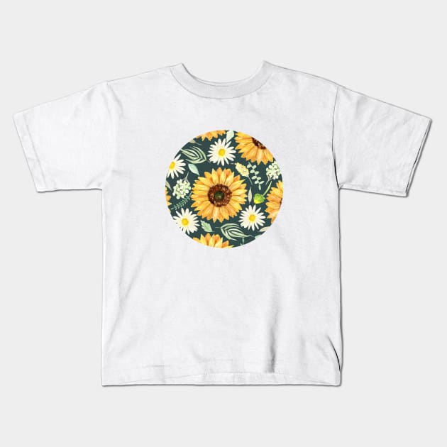 Sunflowers and Daisies | Watercolor | Green | Pattern Kids T-Shirt by Harpleydesign